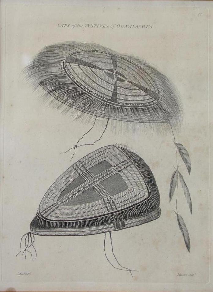 John Webber Engraving, Caps of Oonalashka Natives: Framed 18th century engraving after John Webber from Captain James Cook’s Explorations. Titled "Caps of the Natives of Oonalashka". First edition, plate 56, London 1784, engraved by J. Record sculpt