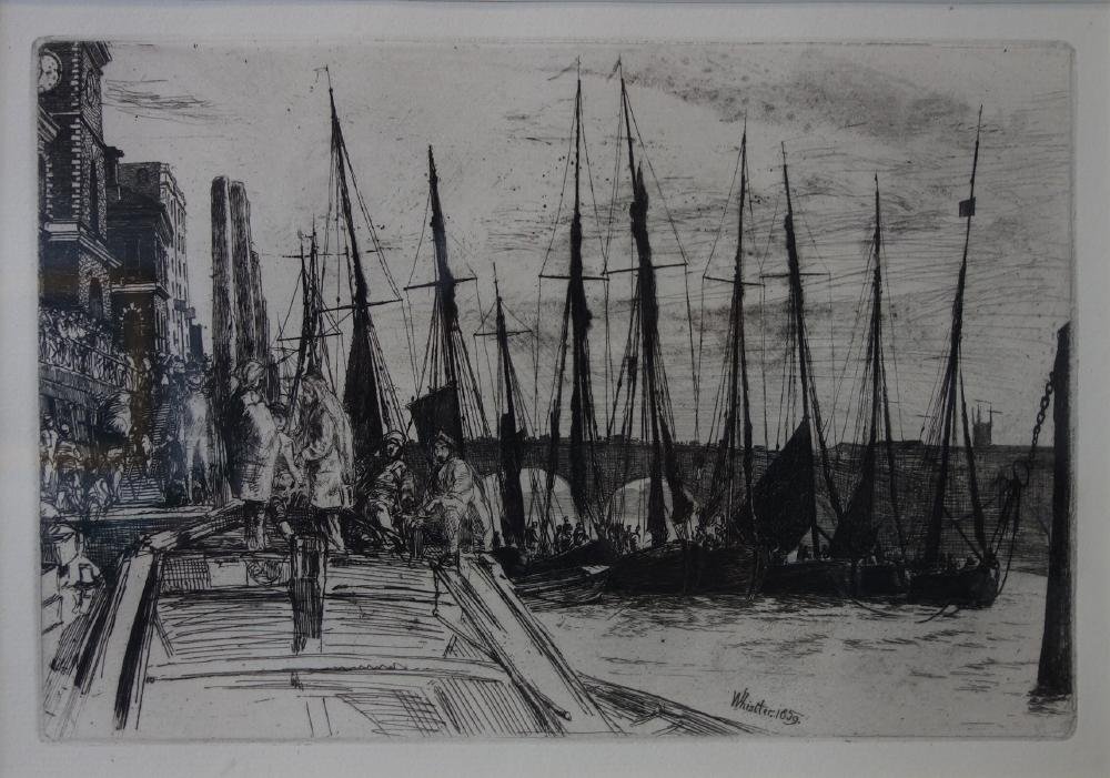 James A. McNeill Whistler, Billingsgate: Framed original etching by James Abbott McNeill Whistler (1834-1903). The 1859 etching on cream laid paper, is titled Billingsgate, signed and dated on the plate. Eighth state. Sight measurement 6" x 