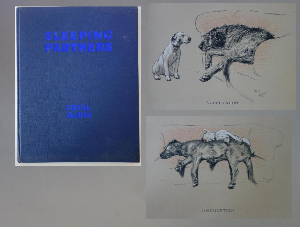 Cecil Aldin, Sleeping Partners Book: Sleeping Partners, A Series of Episodes by Cecil Aldin. Hardbound blue cover. Eyre and Spottiswoode (Publishers) Limited, London. The book measures 12" x 9.5" x .5". NOTE: loose binding and a torn pag