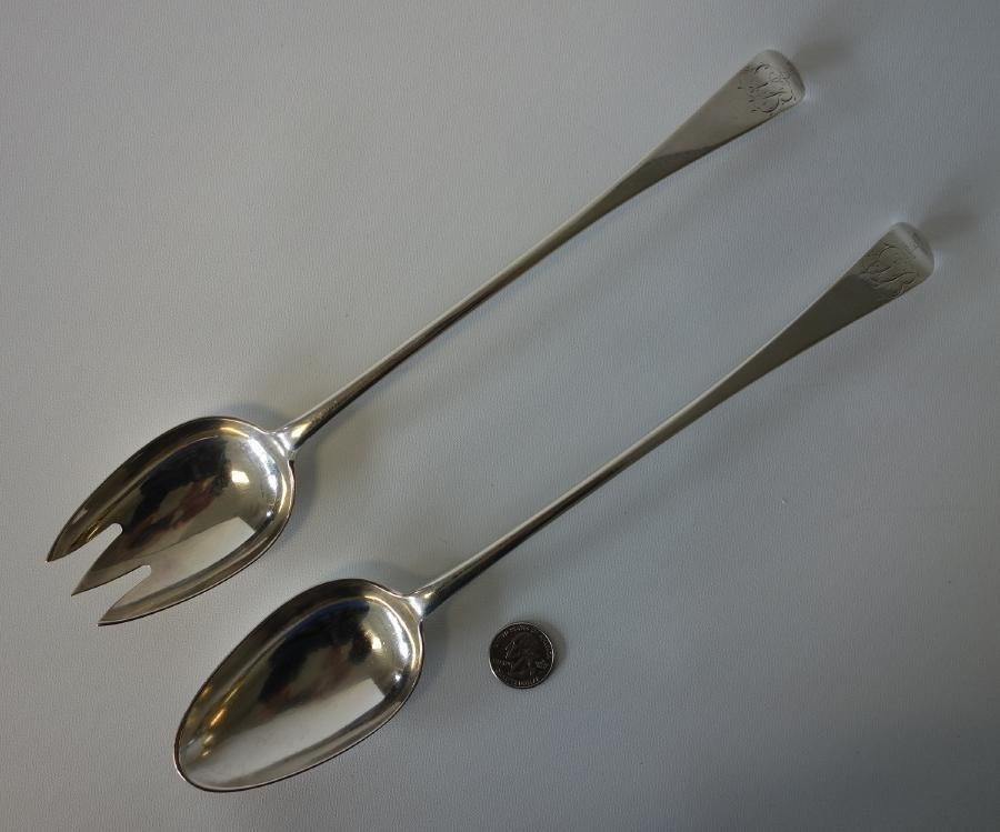 18thc Georgian Sterling Servers, Alexr. Gairdner: Edinburgh, Scotland Georgian sterling silver 2-piece salad servers (or stuffing spoon and fork). Long handled spoon and fork (12.5"). Indistinct hallmarks for Edinburgh, Alexander Gairdner, c.1760s. (