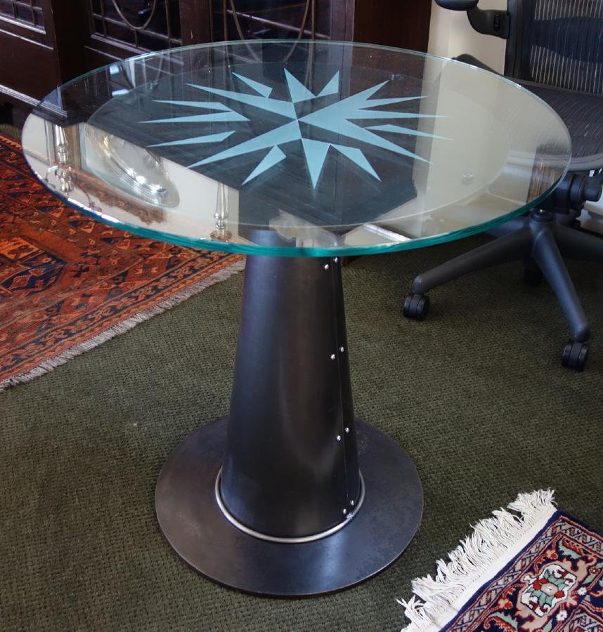 Rocky Rochon Steel & Glass Table, Nautical Compass (1 of 1)