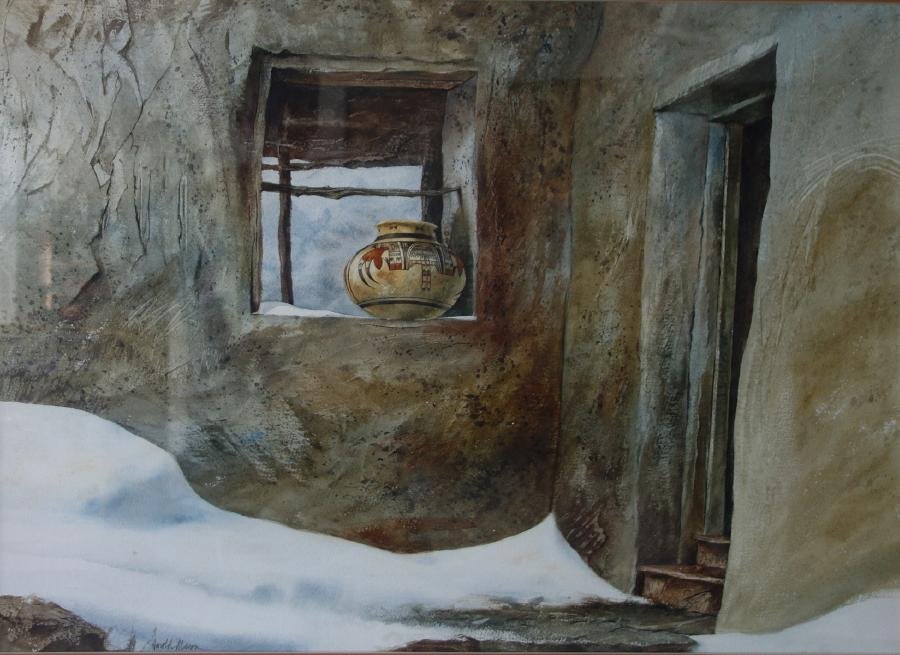 Harold Mason (b-1937) Southwest Still Life: Framed watercolor by Harold Mason (California / New Mexico, b-1937). The Southwest still life painting depicts an Acoma olla jar in the window of an adobe. Signed lower left. Measures 20.75" x 28.5". 