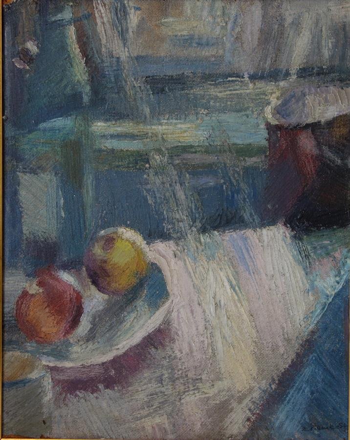 Zdzislaw Stanek (1925-1996) Still Life: Framed oil on canvas board by Polish artist Zdzislaw Stanek (1925-1996, Poland). Still Life abstract painting of fruit. Signed lower right by the artist and dated 54 (1954). Measures 18.75" x 15". Fra
