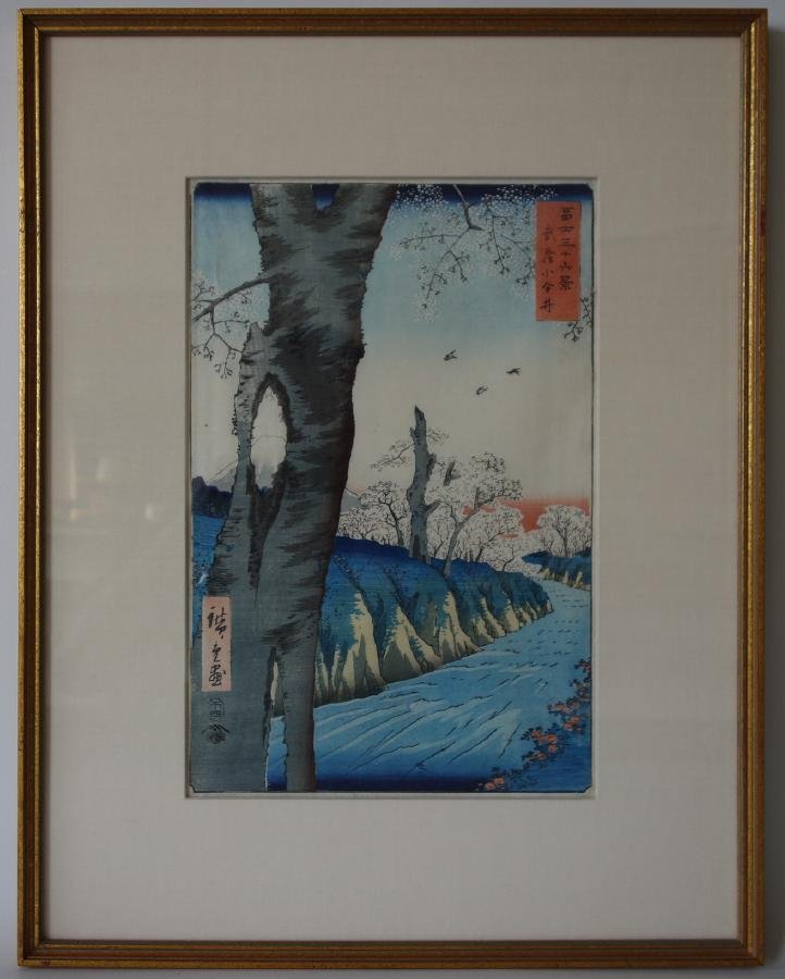 Ando Hiroshige Woodblock, Koganei in Musashi Provi: Framed Japanese woodblock after Ando Hiroshige (Also known as Utagawa Hiroshige 1797-1858). This woodblock, number 12 in the series is titled "Koganei in Musashi Province", from series of 36 Views of 