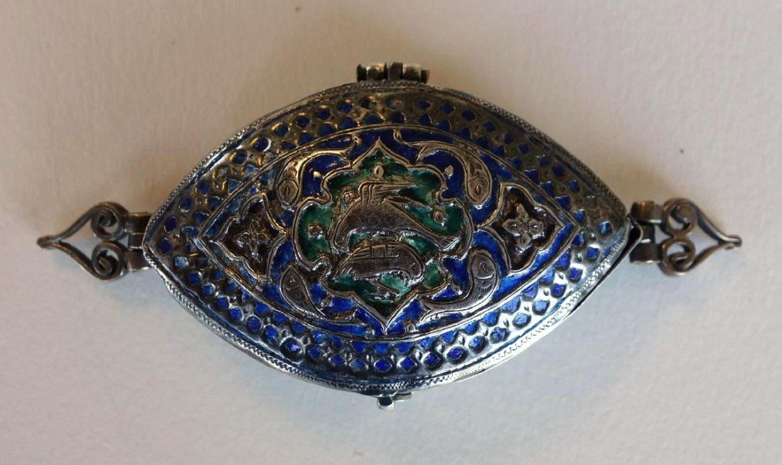 Asian Silver & Enamel Amulet Box, Dove & Fish (1 of 2)