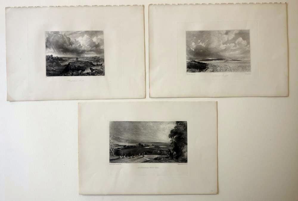 3 John Constable Engravings by David Lucas: Three mezzotint engravings from paintings by John Constable (1776-1837). Engraved by David Lucas, 19th century. Comprised of 1) Hampstead Heath, 2) Autumnal Sun Set, 3) Cornfields near Brighton. Sheet