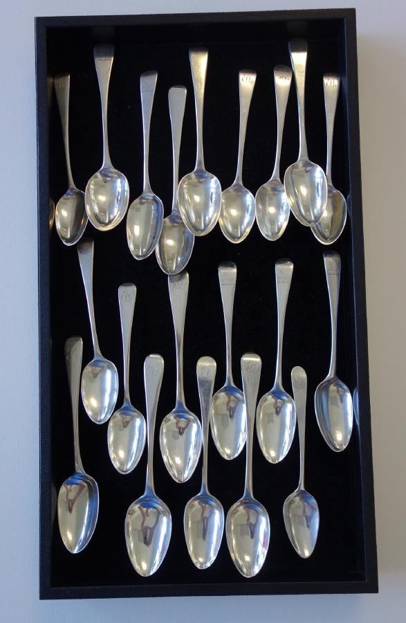19thc English Sterling Five O' Clock Spoons: An assembled set of 20 English sterling silver five o'clock spoons. 19th century. Various maker's to include, Eley, Fearn & Chawner, Sarah & John William Blake, George Smith & William Fearn, Wildman S
