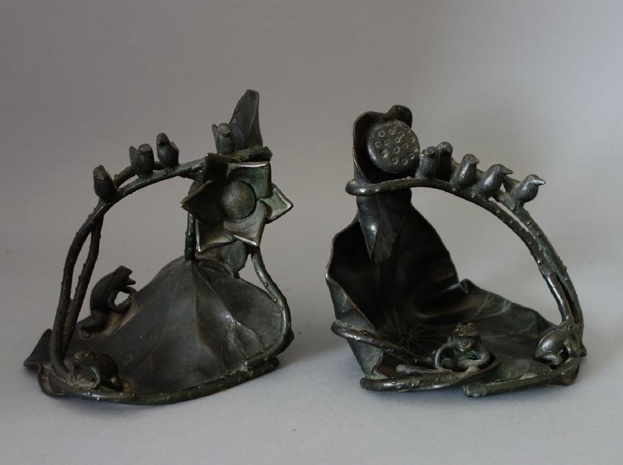 Bronze Lily Pad & Frog Bookends, Japan, Signed (1 of 5)