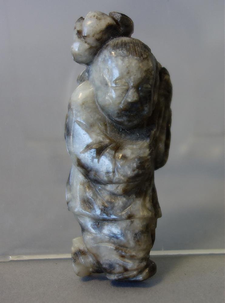Chinese White & Black Jade Carving, Boy & Lotus (1 of 2)