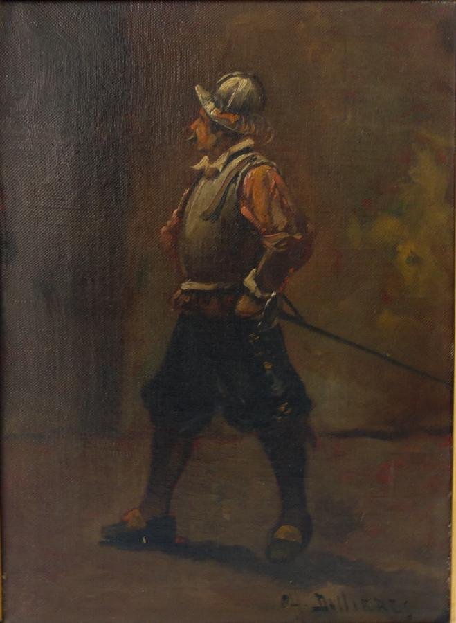 Charles Dallieres, Portrait of a Conquistador: Framed oil on canvas by Charles Dallieres (early 20th century). The painting depicts a full side portrait of a Conquistador. Signed lower right. The canvas measures 13" x 9.5". Gilt-wood framed measur