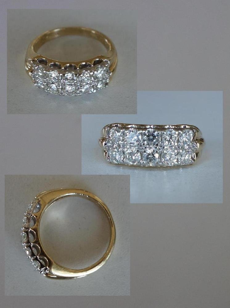 Diamond & 14K Gold Ring, 1.25 carats: A 14K yellow gold ring set with 10 round white diamonds in two rows. Approximate 1.25 total carat weight, G.H color. Ring size 5.5, weighs 4.7 grams.