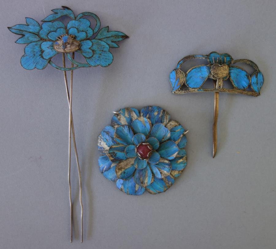 3 Chinese Kingfisher Feather & Silver Ornaments (1 of 1)