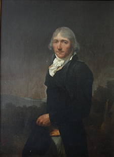 19thc Portrait of a Gentleman, Formal Attire: Framed portrait of a gentleman. Early 19th century. The painting depicts a distinguished man dressed in a formal attire; black coat with white cravat and collar holding a black top hat. Faint landscap