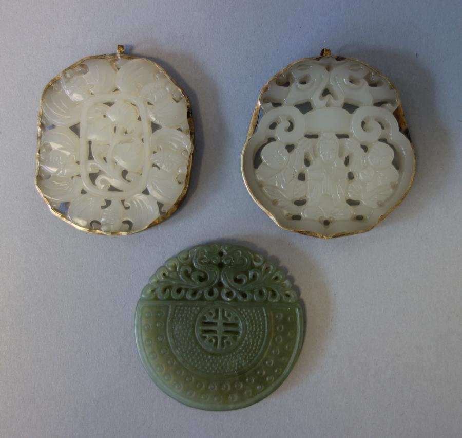 3 Chinese White & Pale Green Jade Plaques (1 of 4)