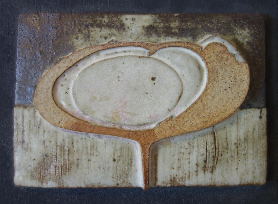 John Taylor, Framed Ceramic Tile: Framed ceramic tile. Label attached to verso from Compass Gallery, Glasgow, Scotland, identifies the artist / ceramicist as John Taylor, dated 1970. Raised tile measuring 2.75" x 4". Framed measuremen