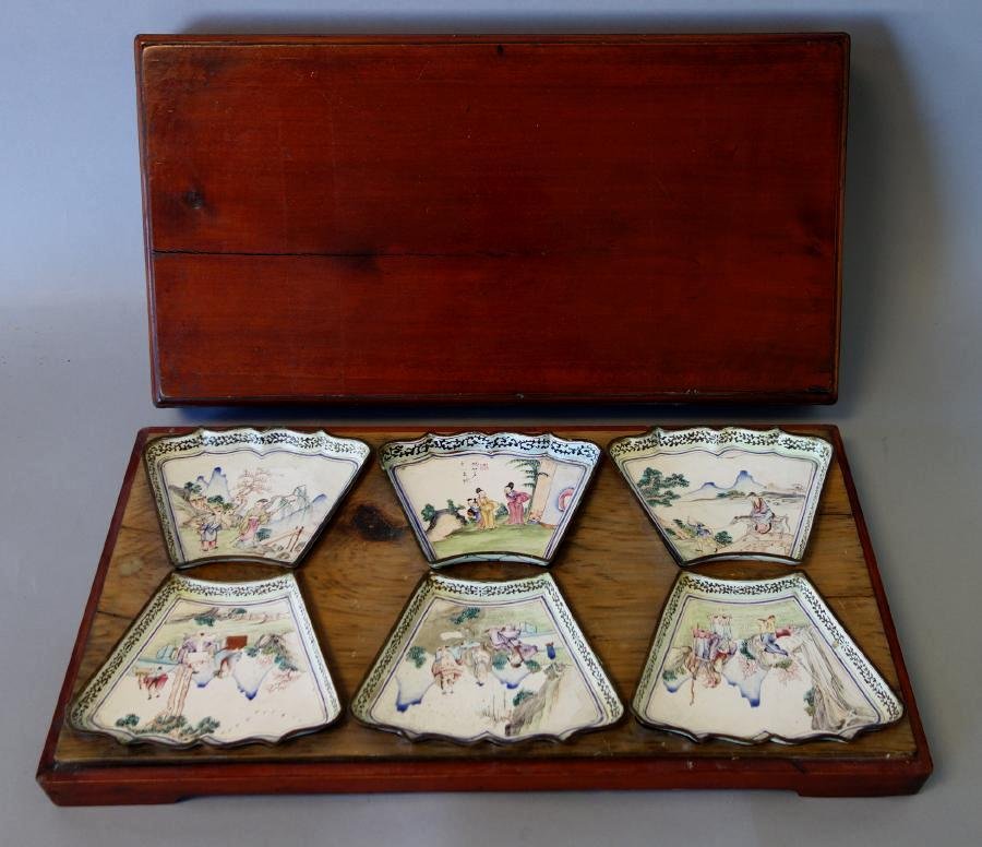 Chinese Enamel on Copper Trays in Fitted Wood Case (1 of 8)