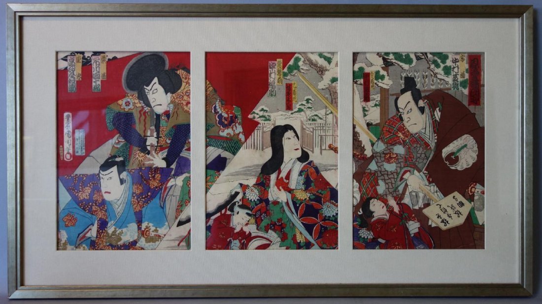 Toyohara Kunichika Japanese Woodblock Triptych (1 of 5)
