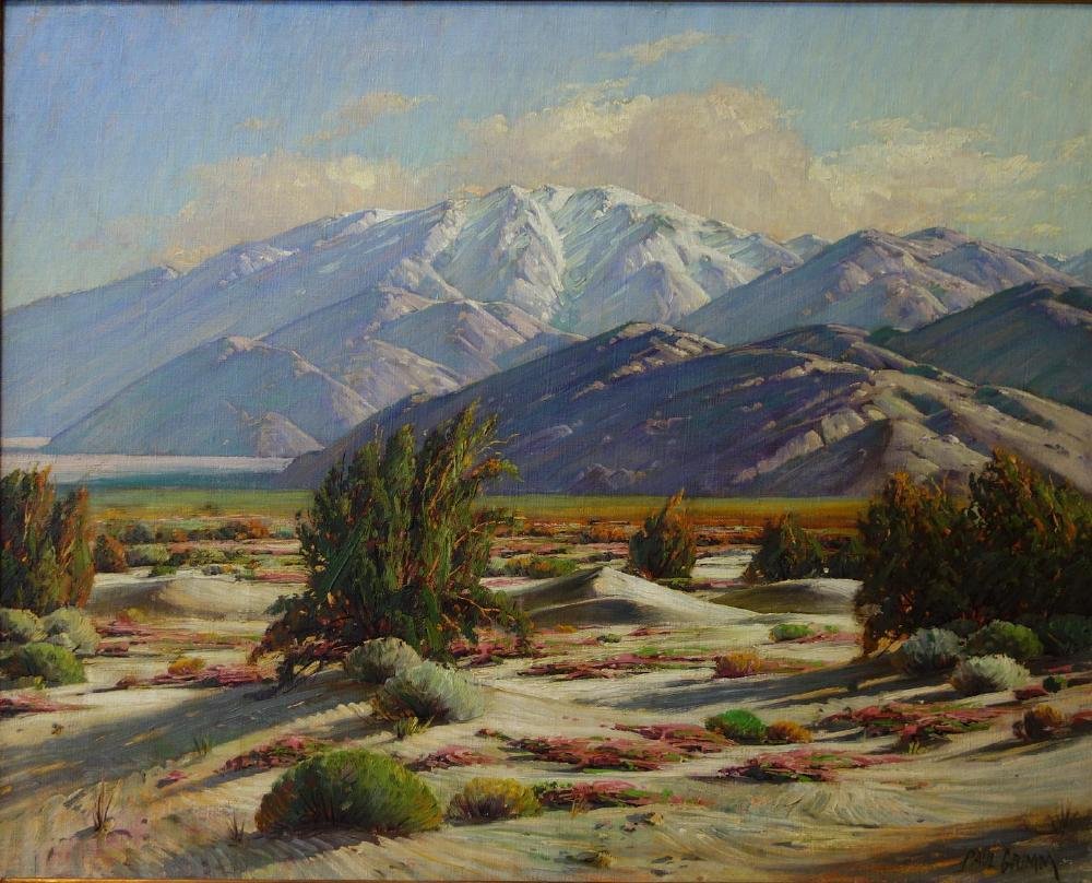 Paul Grimm (1891-1974) Snow and Flowers: Framed oil on canvas by artist Paul Grimm (California, 1891-1974). The landscape painting, on the verso is titled "Snow and Flowers" and depicts the snow covered mountains above the floral covered des