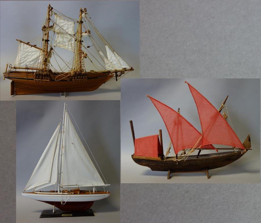 3 Ship Models, Endeavour & Junk Schooner +: Thre wooden ship models with cloth sails. Comprised of a model of the sailing yacht Endeavour ( J-class yacht built for the 1934 America's Cup ) 23.75" high, 19.5" long, 4.5" wide. Together with an As