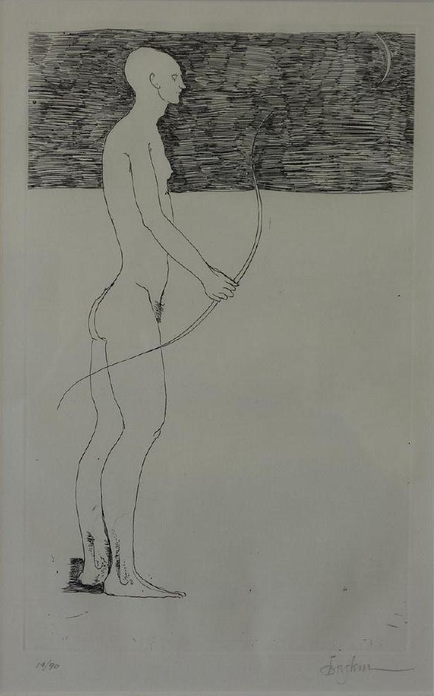 Leonard Baskin (1922-2000) Male Nude with Bow: Framed woodcut engraving by Leonard Baskin (1922-2000). Depicts a nude man holding a bow. Pencil signed lower right. Edition 14/90. Sight measurement 13" x 8.25". Framed and matted measurement 20.75"x