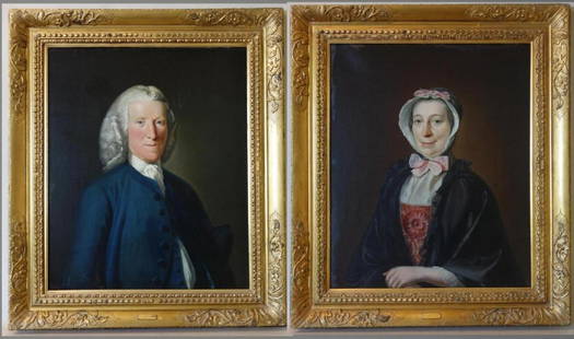 Circle of Allan Ramsay, Two 18thc Portraits: A pair of framed portraits on canvas. 18th century. Circle of Allan Ramsay (Scottish, 1713-1784). The paintings depict Alexander Grant of Tochichneal (Steward to Lord Findlater) and his wife May Chalm