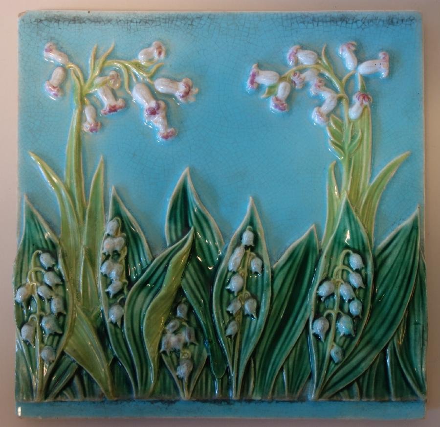 19thc Minton Majolica Tile, Lily of the Valley (1 of 3)