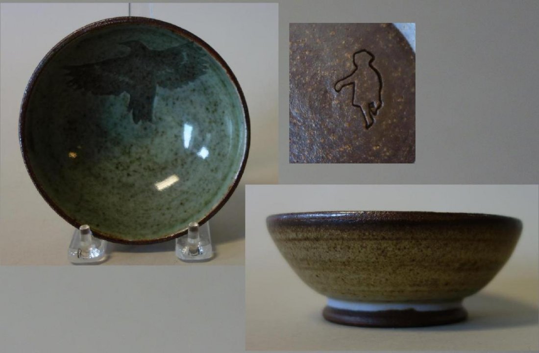 Studio Ceramic Pottery Bowl, Hawk Motif, Signed (1 of 4)