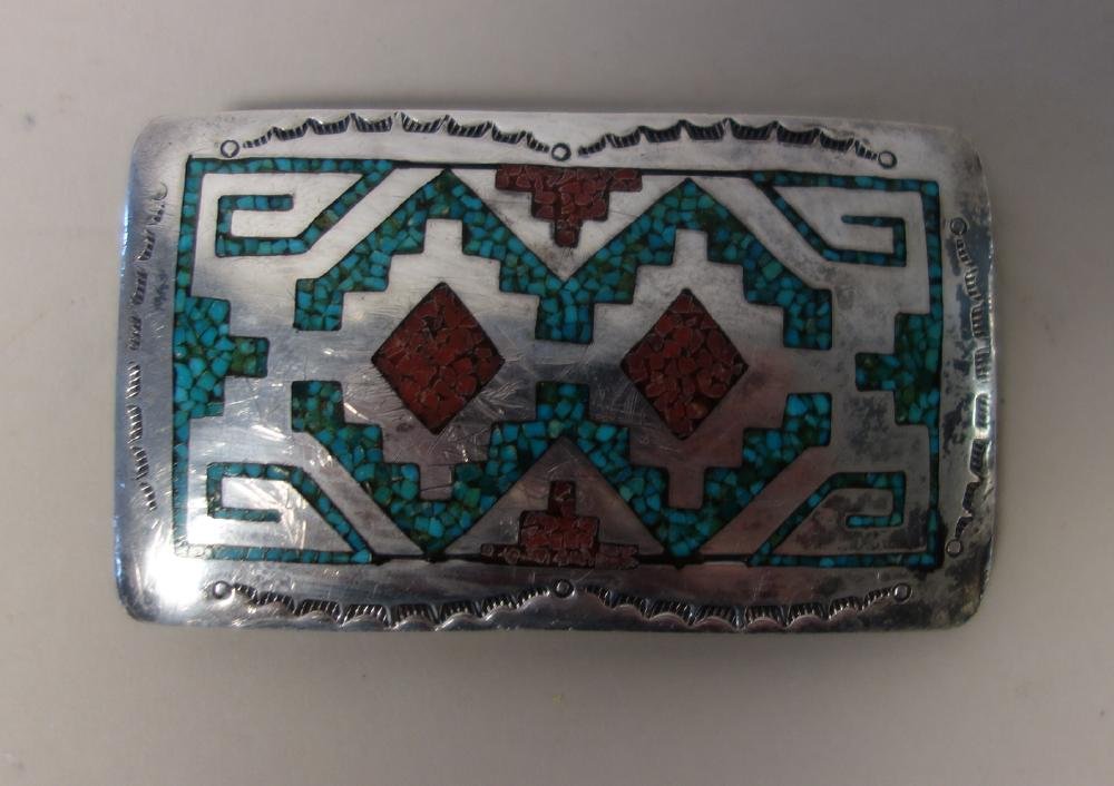 Navajo Turquoise & Coral Mosaic Belt Buckle (1 of 2)