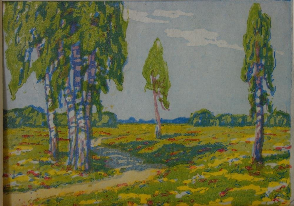 German Arts & Crafts Woodcut in Colors, Signed (1 of 4)