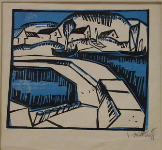 Karl Schmidt-Rottluff (1884-1976) Dunen und Mole: Karl Schmidt-Rottluff (1884-1976) German Expressionism. Rare woodcut in colors, printed in black and shades of blue. Titled Dünen und Mole (translated Dunes and Pier) created 1917. Signed in black cr