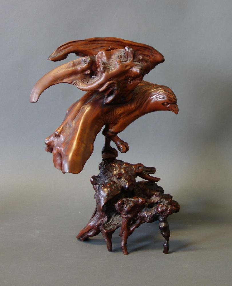 Japanese Carved Wood Hawk on Root Branch Base (1 of 3)