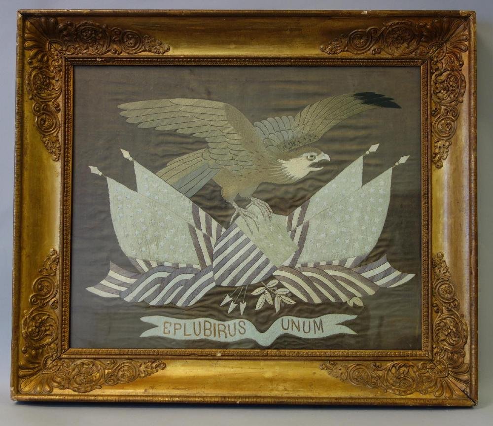 Antique Patriotic Needlework on Silk, Framed (1 of 2)