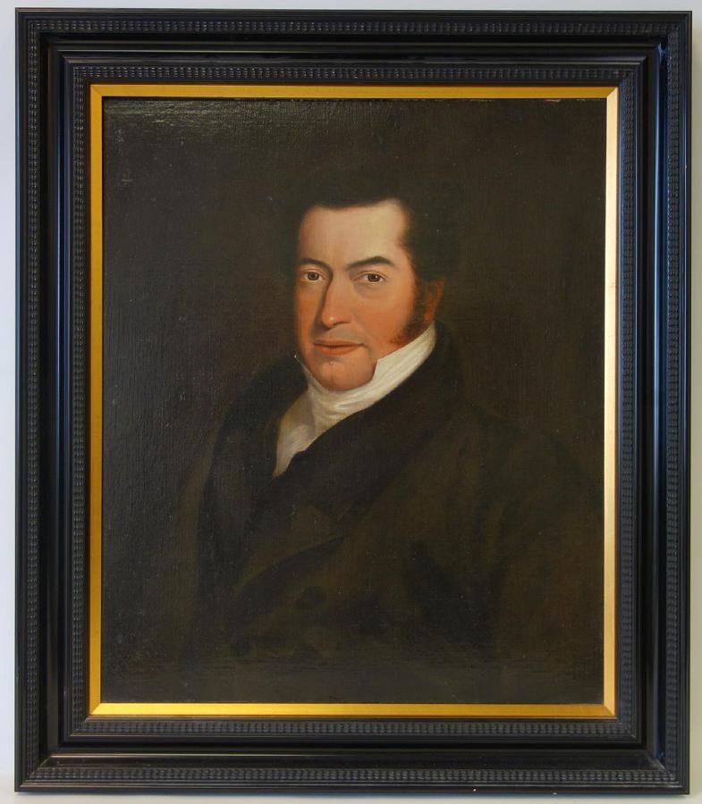 19thc Portrait of a Gentleman: Framed oil on board. 19th century. The portrait painting depicts a young male gentleman wearing a black formal dress coat and high collar shirt. Unsigned. Measures 24" x 19.75". Framed measurement 29.