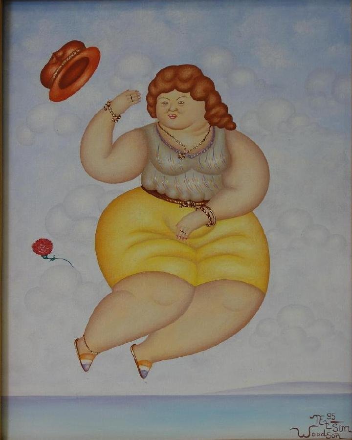 Woodsor Nelson (Haitian) Above the Clouds: Framed oil on canvas by Woodsor Nelson (Haiti). The painting depicts a colorfully dressed zaftig figured woman suspended within the clouds. Signed and dated 95, lower right. Measures 20" x 16". Framed