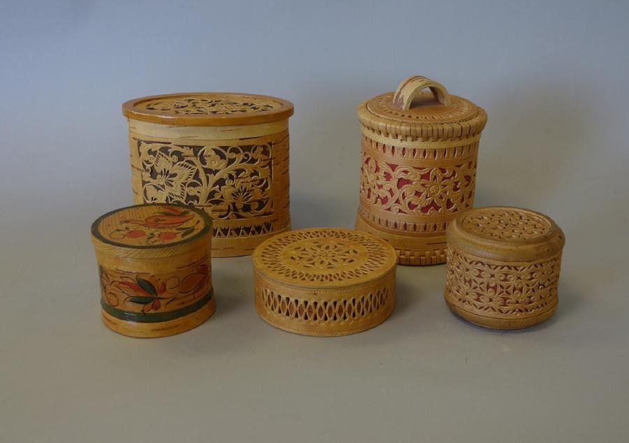 5 Russian Carved Birch Bark & Wood Boxes (1 of 3)