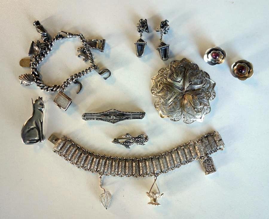 Sterling Charms &  Bracelets, Brooch, Earrings + (1 of 2)