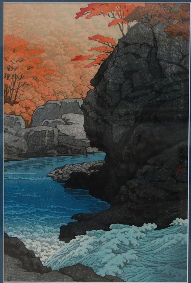 Kawase Hasui, Tengu Rock, Autumn at Shirobara,: Framed Japanese woodblock in colors by Kawase Hasui (1883-1957). Titled "Autumn at Shirobara, Under the Tengu Rock". Signed and with red seal. Watanabe publisher seal at bottom left corner. Visible me