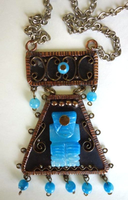 Mexican Blue Stone & Copper Necklace, Aztec Motif (1 of 2)