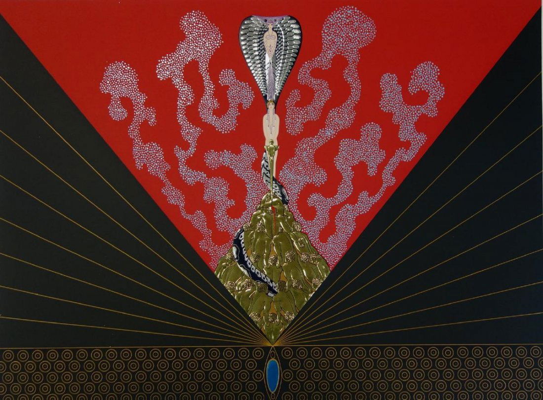 Erte, Triumph of the Courtesan, Roman Numeral Edt: Erte Romain de Tirtoff (1892-1990). Serigraph titled Triumph of the Courtesan. Depicts a multitude of nude males paying homage to two nude females entwined by a large serpent snake. Vibrant colors. Ro