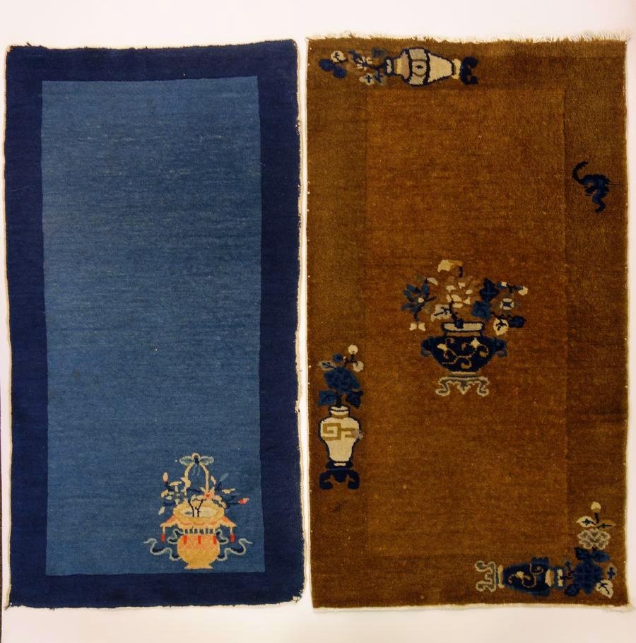 2 Chinese Wool Rug Mats, Floral & Urn Motif (1 of 3)