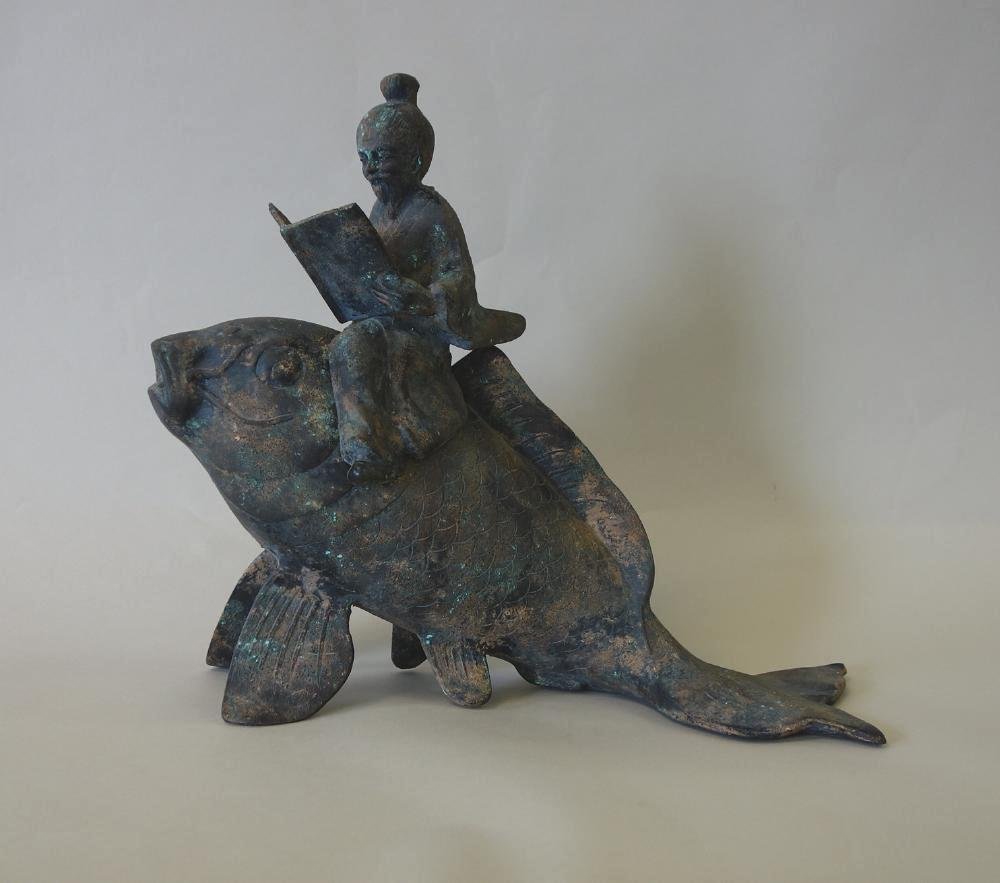 Chinese Iron Sculpture of Laozi & Carp (1 of 2)