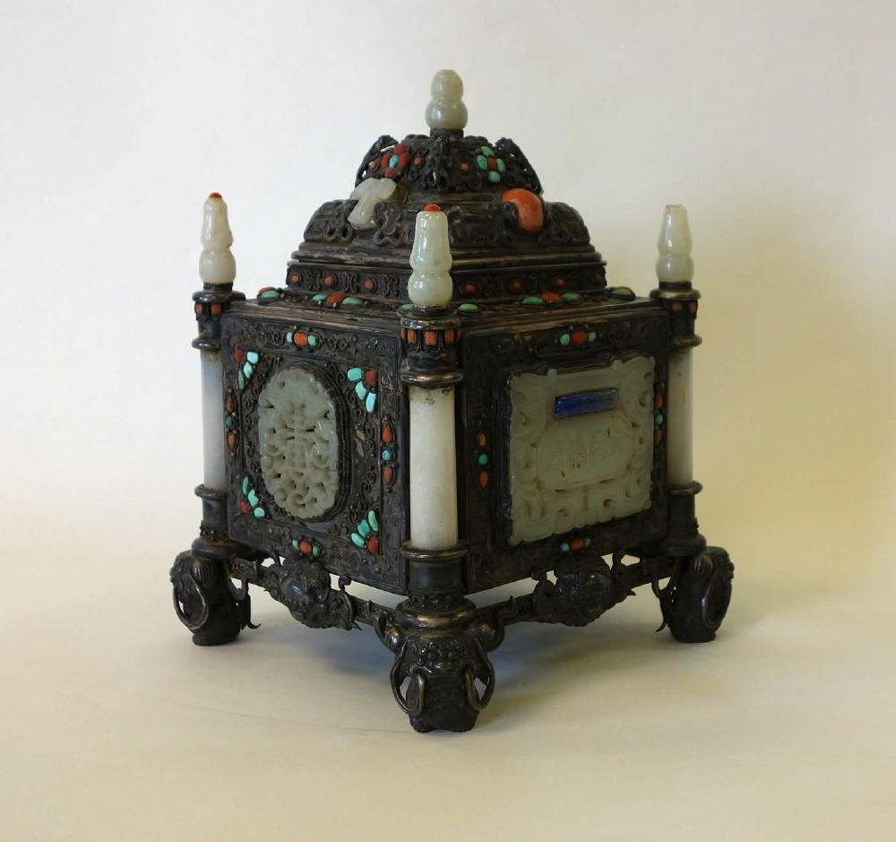 Fine Chinese Silver Censer, White Jade Plaques (1 of 10)