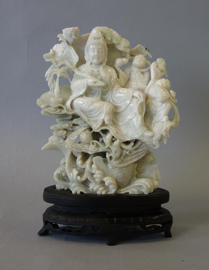 White Jadeite Jade Figural Group, Guanyin & Children (1 of 4)