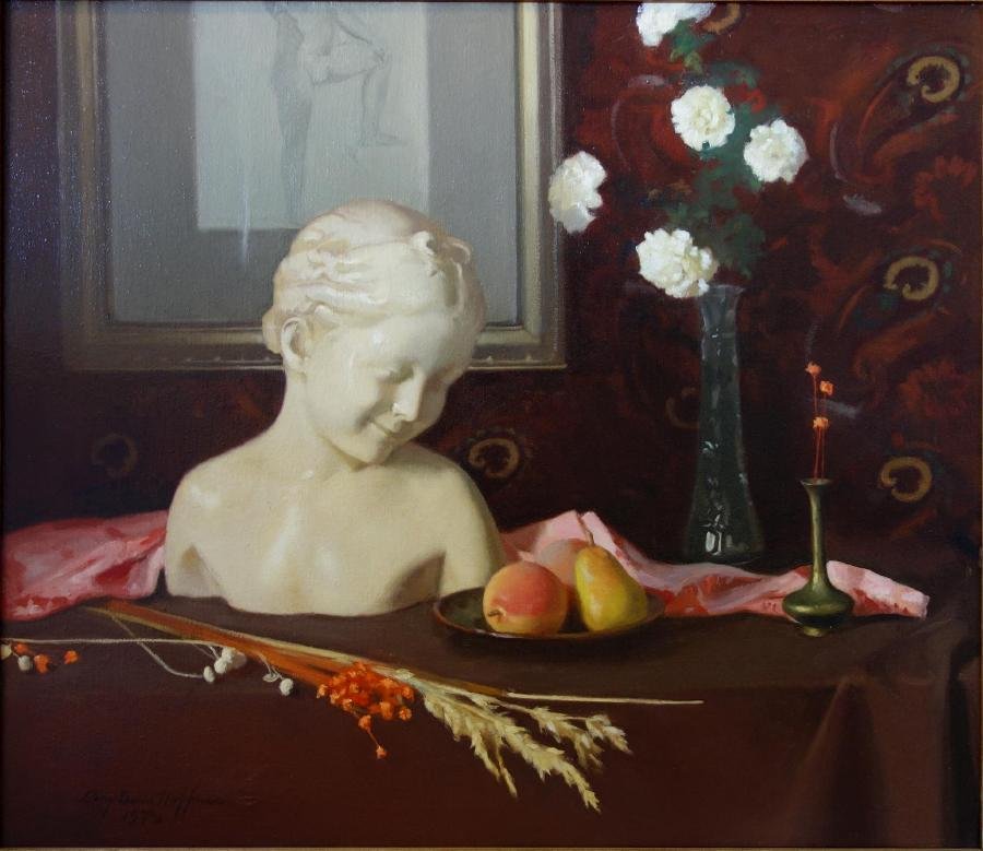 Gary Hoffmann (American,1947) Classical Still Life: Framed oil on canvas by Gary Hoffman (b-1947). The still life painting depicts a classical marble sculpture bust of a Greco - Roman woman on a table with flowers. A portrait of a part nude male is in