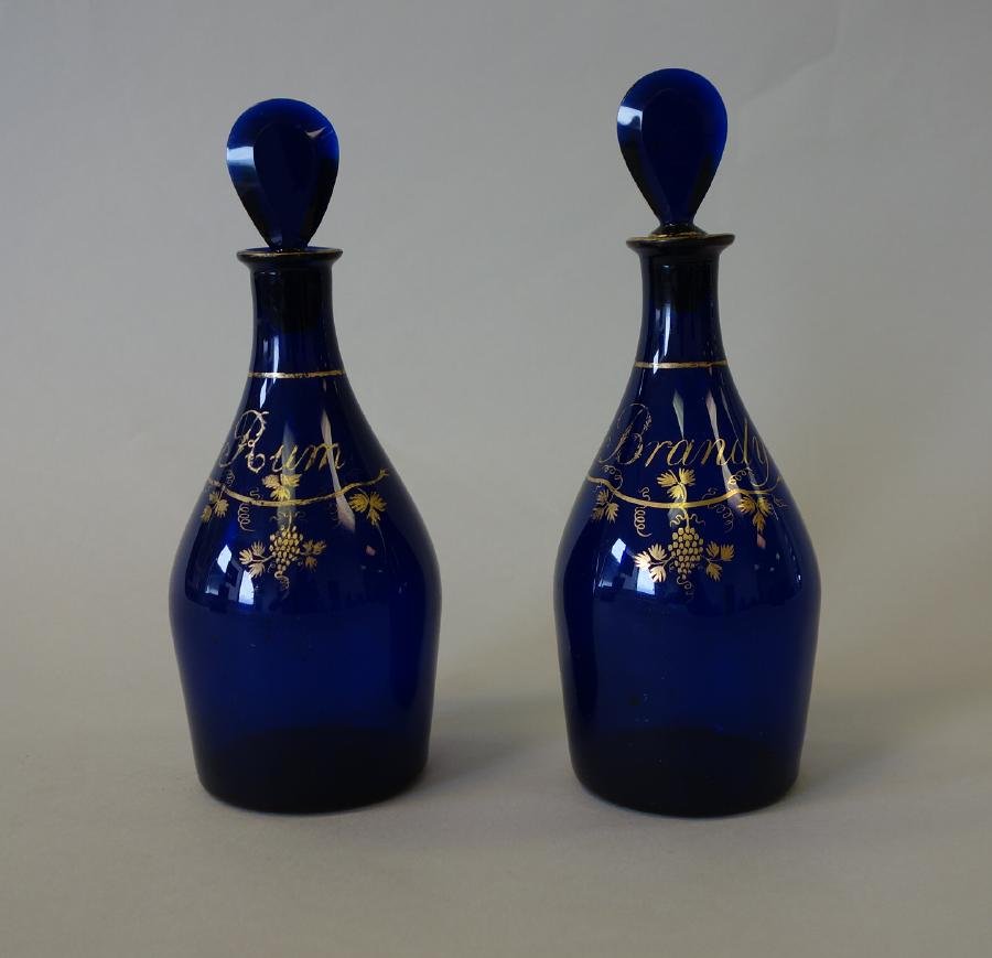 English Cobalt Blue Glass Decanters, Pair (1 of 5)