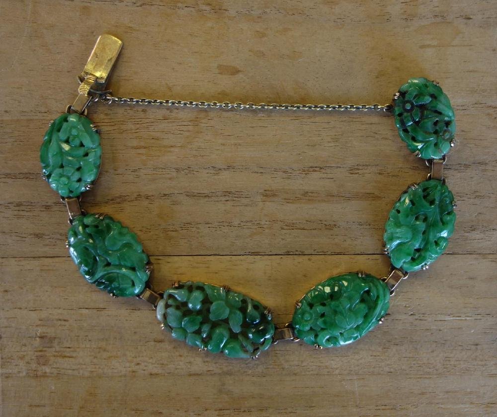 Chinese Carved Jade & 14K Gold Bracelet (1 of 2)