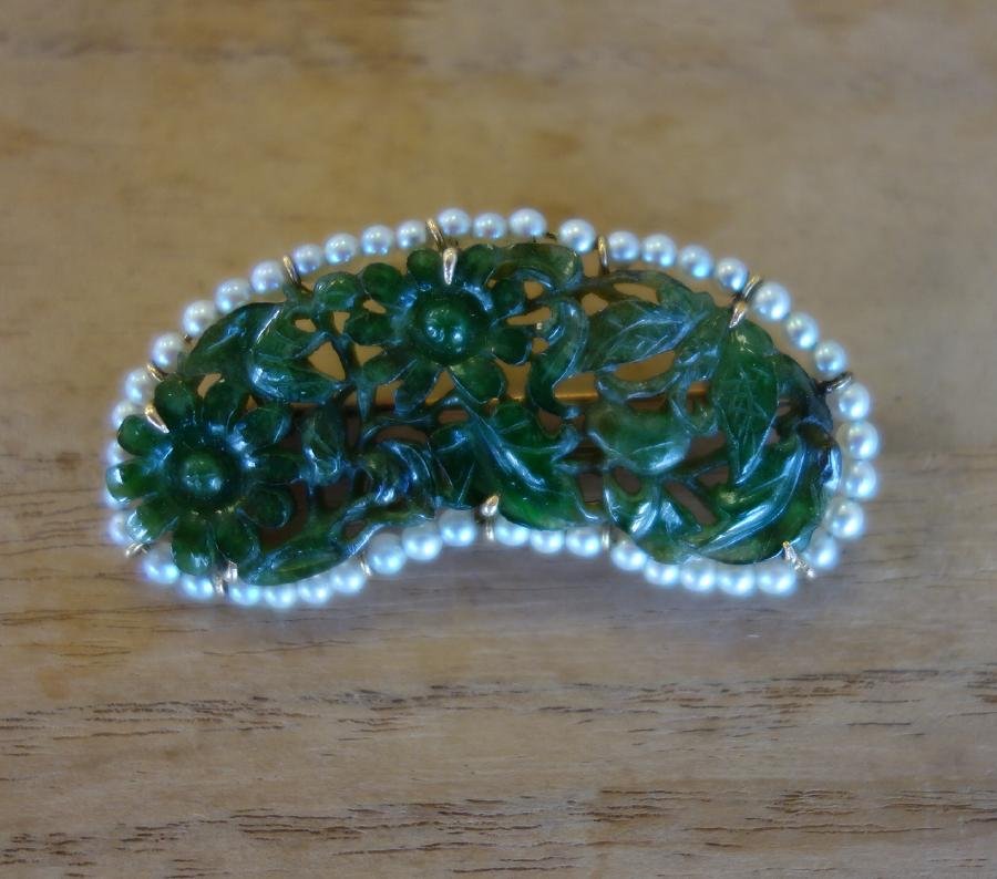 Chinese Carved Jade & Seed Pearl Brooch, 14K Gold (1 of 1)