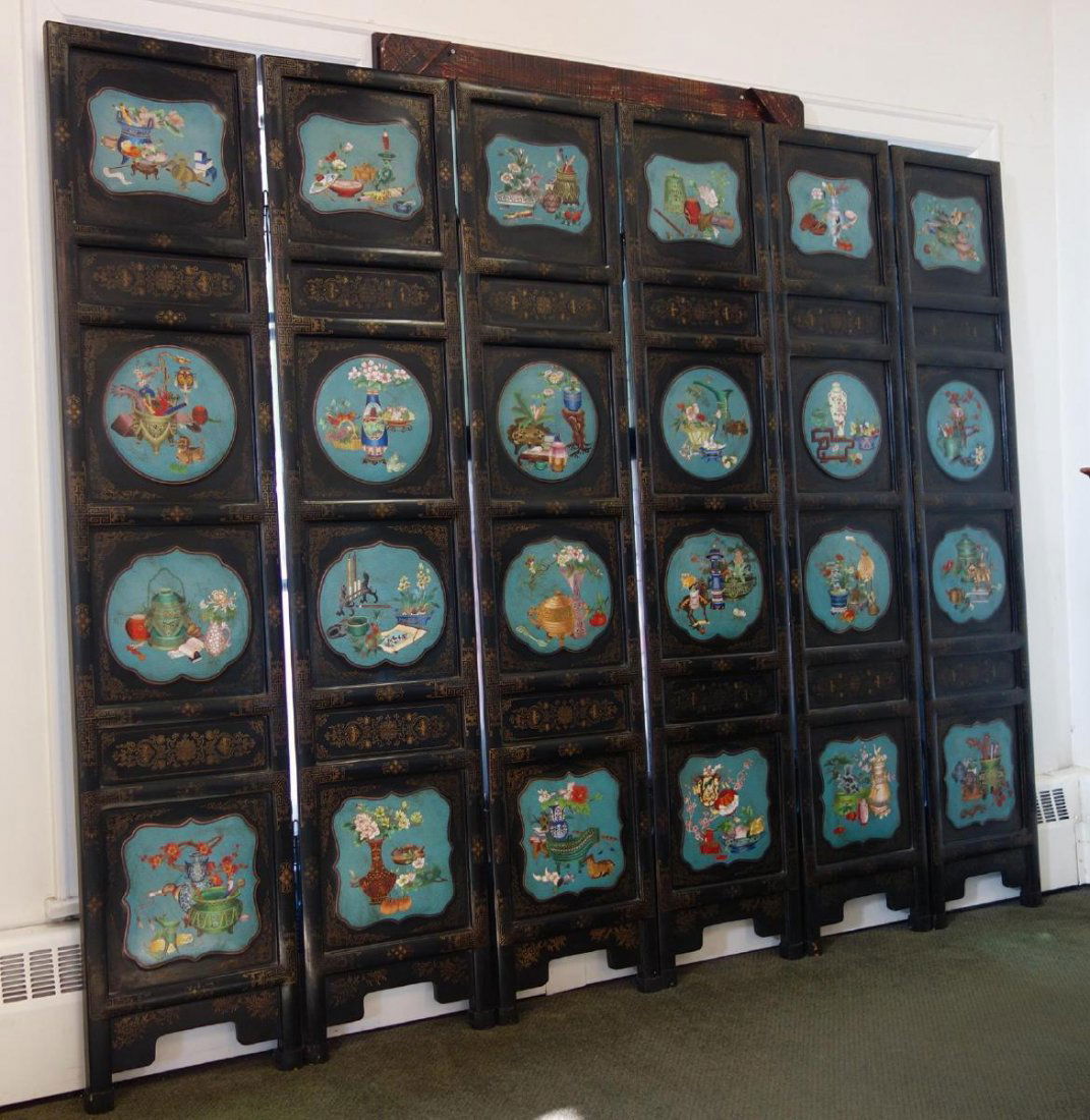 Chinese 6 Panel Cloisonne & Lacquer Floor Screen (1 of 10)
