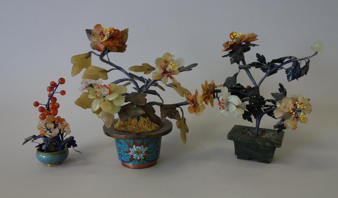 3 Chinese Jade Trees in Cloisonne & Jade Planters (1 of 3)