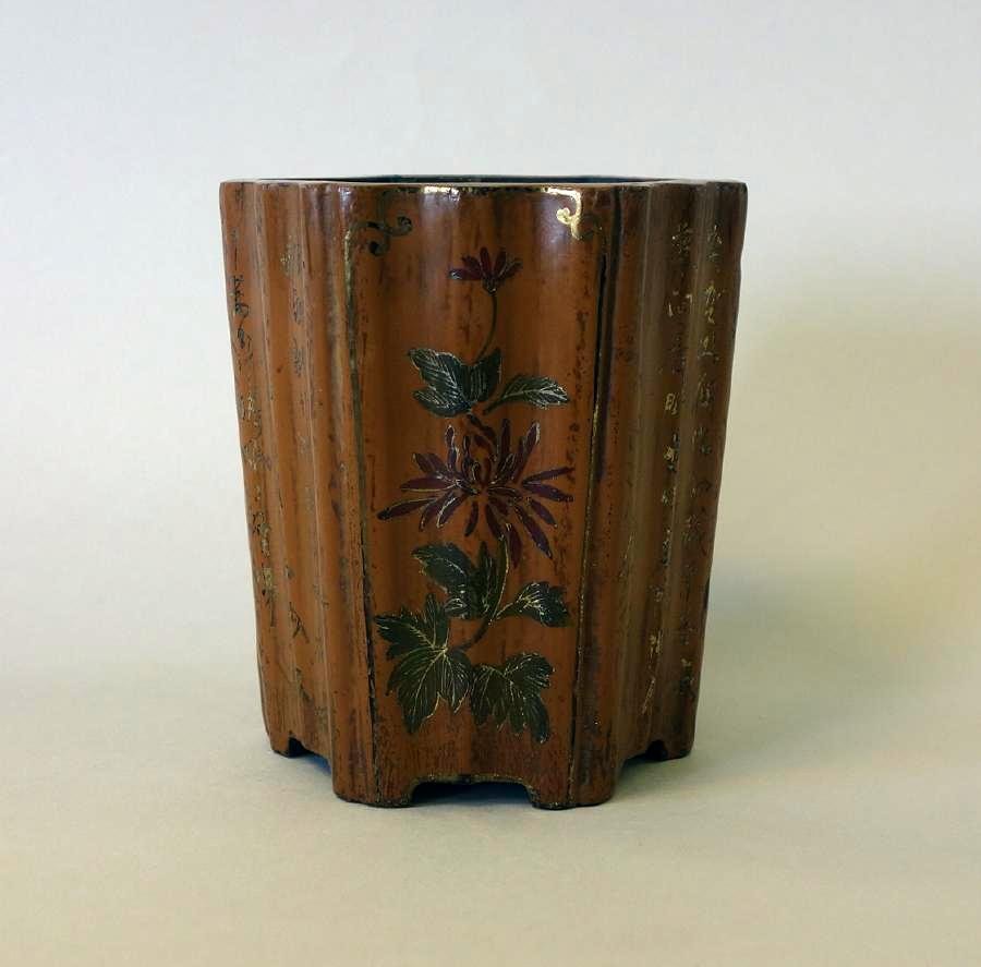 Chinese Hexagonal Painted Wood Brush Pot (1 of 4)